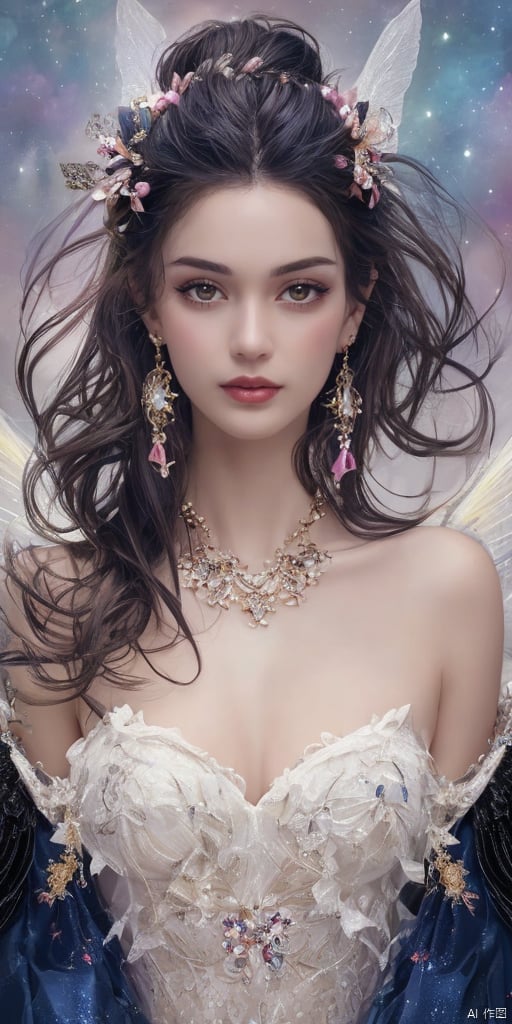  1girl, dance, Fairy, crystal, jewels,black, wings,All the Colours of the Rainbow, Crystal clear,solo, long hair, looking at viewer,black hair,jewelry, earrings,lips, makeup, portrait, eyeshadow, realistic, nose,{{best quality}}, {{masterpiece}}, {{ultra-detailed}}, {illustration}, {detailed light}, {an extremely delicate and beautiful}, a girl, {beautiful detailed eyes}, stars in the eyes, messy floating hair, colored inner hair, Starry sky adorns hair, depth of field,zj,