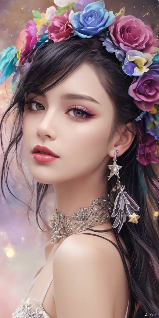  1girl, dance, Fairy, crystal, jewels,black, wings,All the Colours of the Rainbow, Crystal clear,solo, long hair, looking at viewer,black hair,jewelry, earrings,lips, makeup, portrait, eyeshadow, realistic, nose,{{best quality}}, {{masterpiece}}, {{ultra-detailed}}, {illustration}, {detailed light}, {an extremely delicate and beautiful}, a girl, {beautiful detailed eyes}, stars in the eyes, messy floating hair, colored inner hair, Starry sky adorns hair, depth of field,zj,