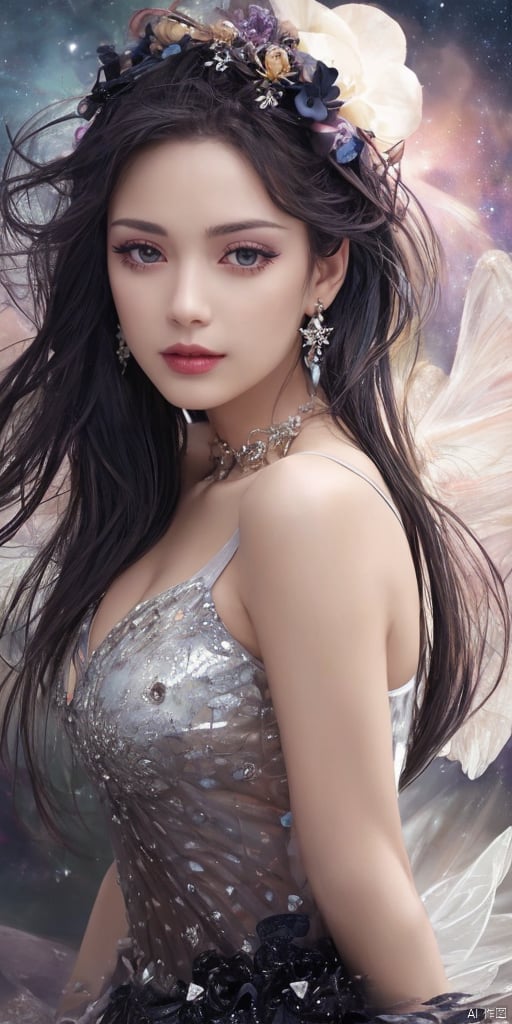  1girl, dance, Fairy, crystal, jewels,black, wings,All the Colours of the Rainbow, Crystal clear,solo, long hair, looking at viewer,black hair,jewelry, earrings,lips, makeup, portrait, eyeshadow, realistic, nose,{{best quality}}, {{masterpiece}}, {{ultra-detailed}}, {illustration}, {detailed light}, {an extremely delicate and beautiful}, a girl, {beautiful detailed eyes}, stars in the eyes, messy floating hair, colored inner hair, Starry sky adorns hair, depth of field,zj,