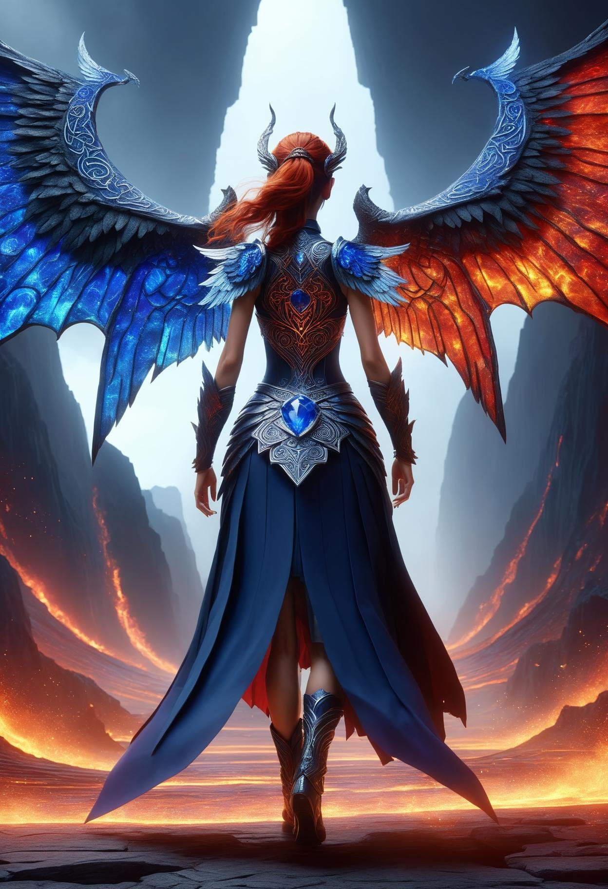 awesome quality, dynamic,DonMDr4g0nXL woman from behind,wings attached to back,skirt, (draconid:0.25) sapphire runic magma  <lora:myLora\DonMDr4g0nXL-v1.1rb:1>
