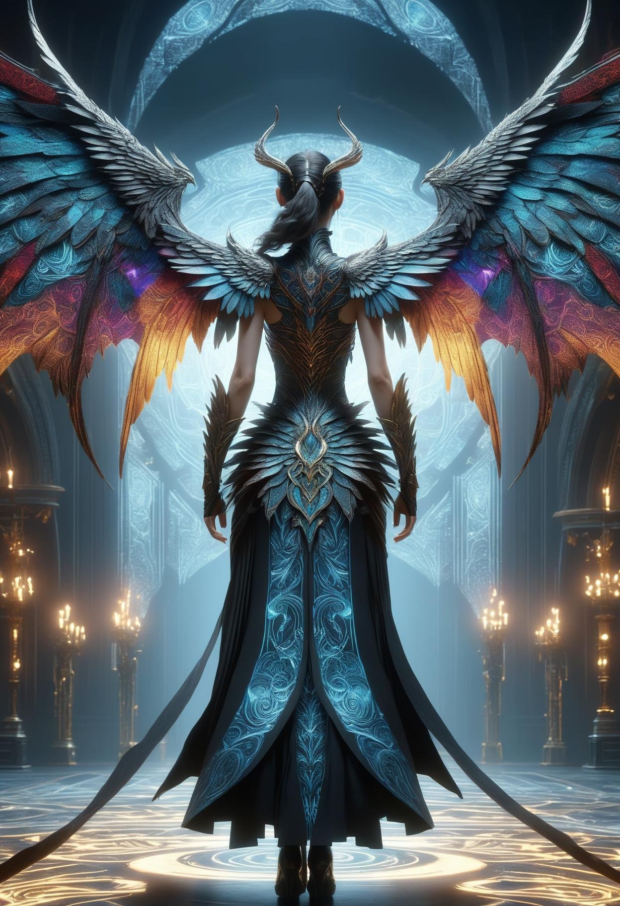 awesome quality, dynamic,DonMDr4g0nXL woman from behind,wings attached to back,skirt, (draconid:0.25) patterned cryptic arcane  <lora:myLora\DonMDr4g0nXL-v1.1rb:1>