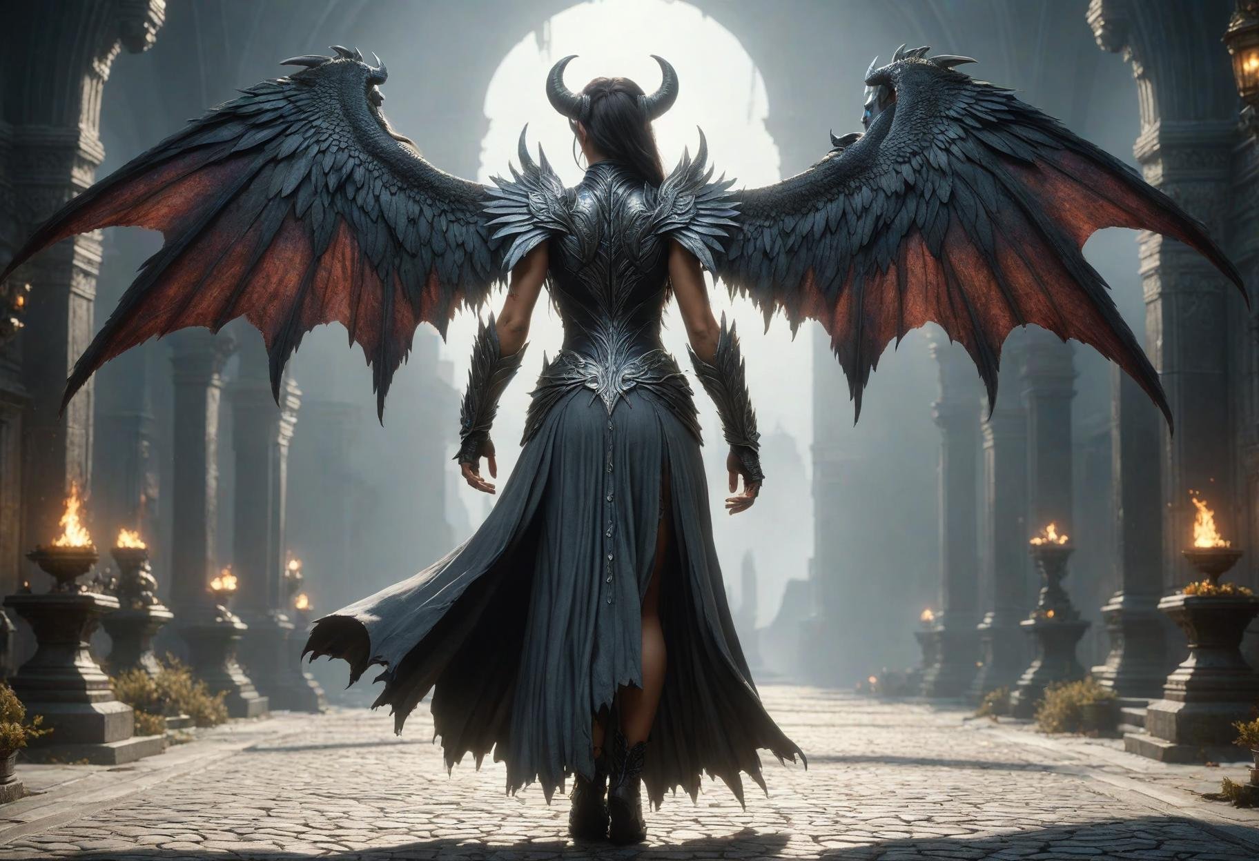 awesome quality, dynamic,DonMDr4g0nXL woman from behind,wings on back,skirt,(draconid:0.25) gray umbra orc  <lora:DetailedEyes_V3:0.8>,<lora:myLora\DonMDr4g0nXL-v1.1rb:0.8>