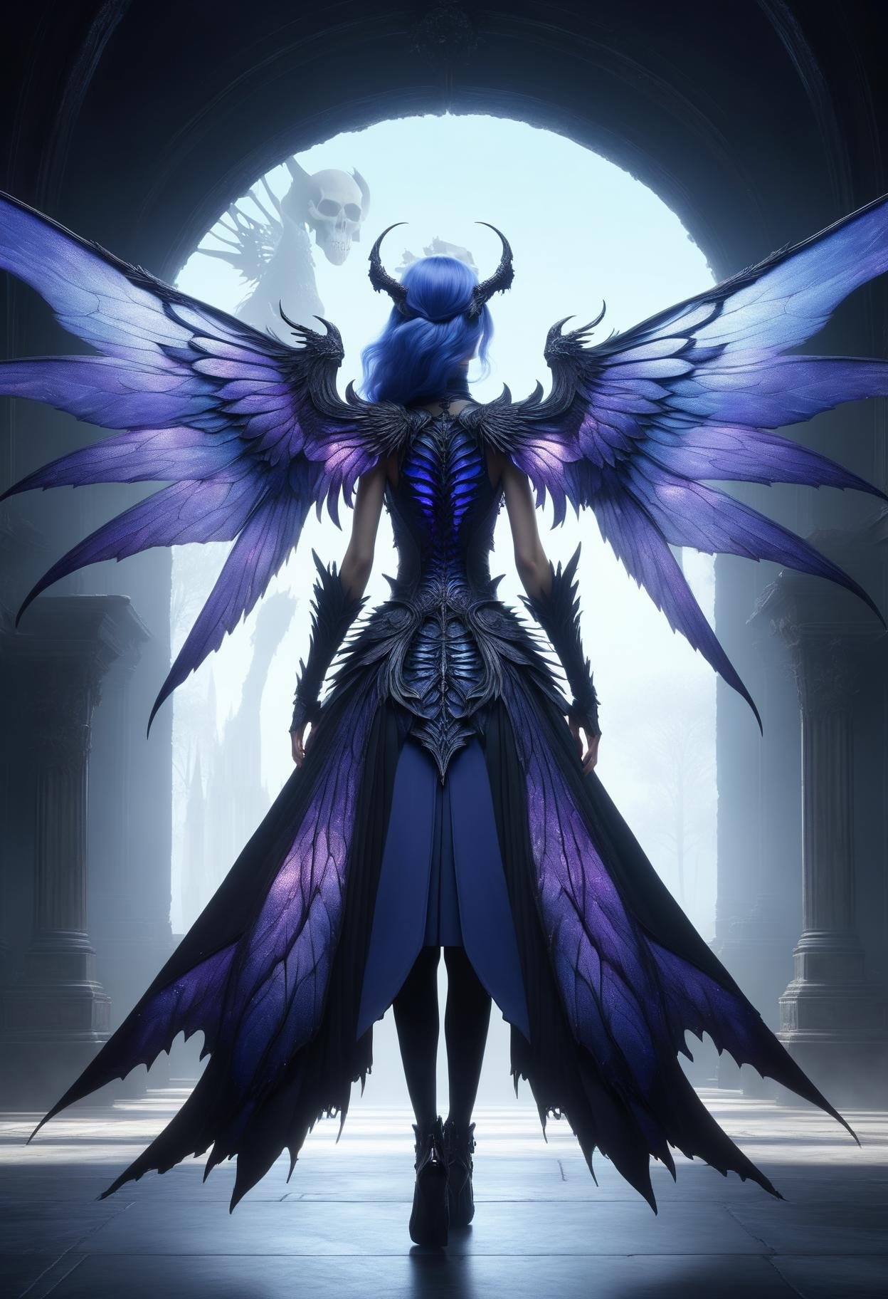 awesome quality, dynamic,DonMDr4g0nXL woman from behind,wings attached to back,skirt, (draconid:0.25) periwinkle umbra necrotic  <lora:myLora\DonMDr4g0nXL-v1.1rb:1>