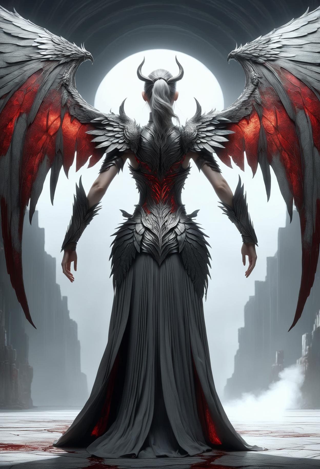 awesome quality, dynamic,DonMDr4g0nXL woman from behind,wings attached to back,skirt, (draconid:0.25) light gray lithic blood  <lora:myLora\DonMDr4g0nXL-v1.1rb:1>
