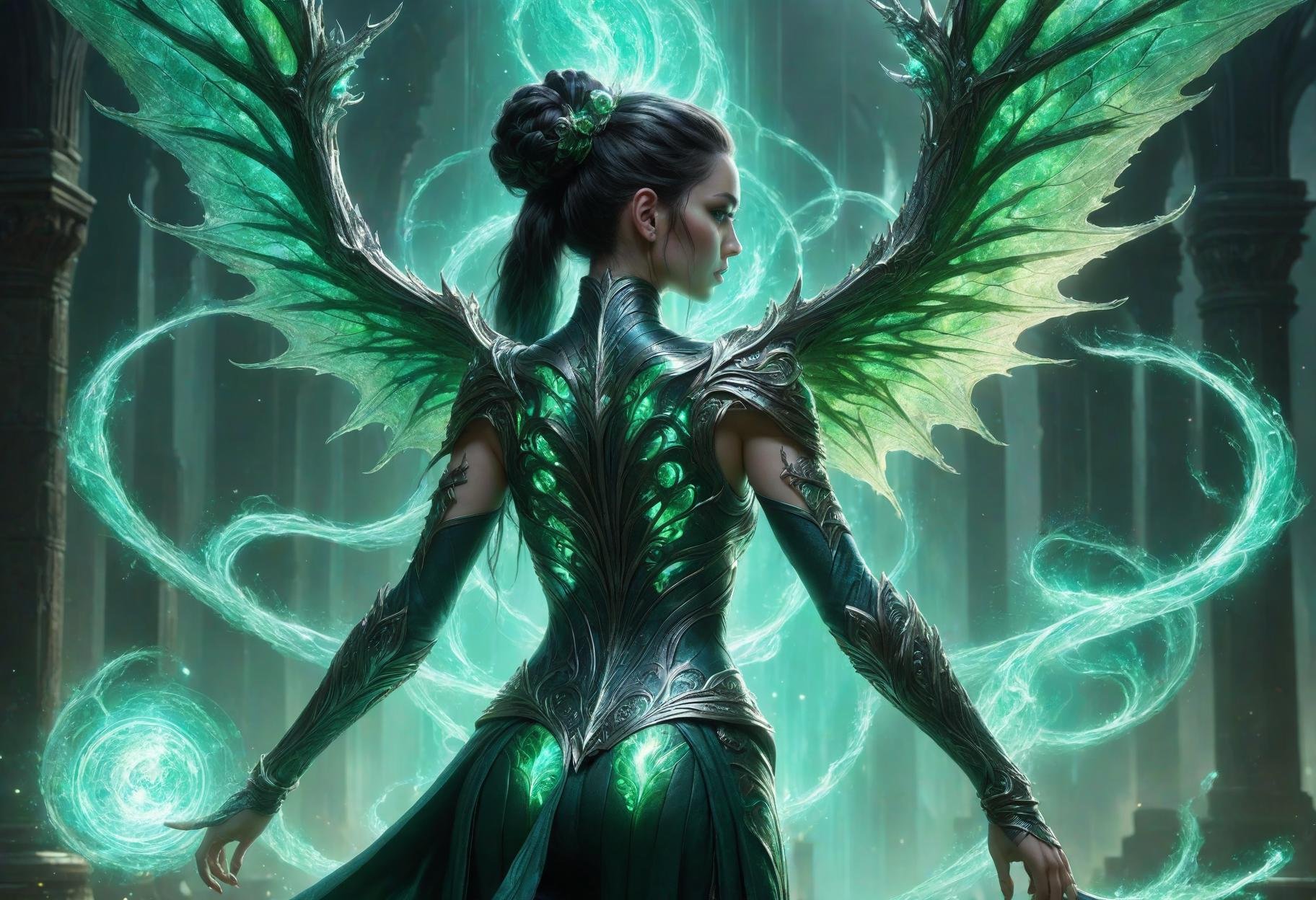 awesome quality, dynamic,DonMDr4g0nXL woman from behind,(draconid:0.25) phthalo green fertile arcane  <lora:DetailedEyes_V3:0.8>,<lora:myLora\DonMDr4g0nXL-v1.1rb:0.8>