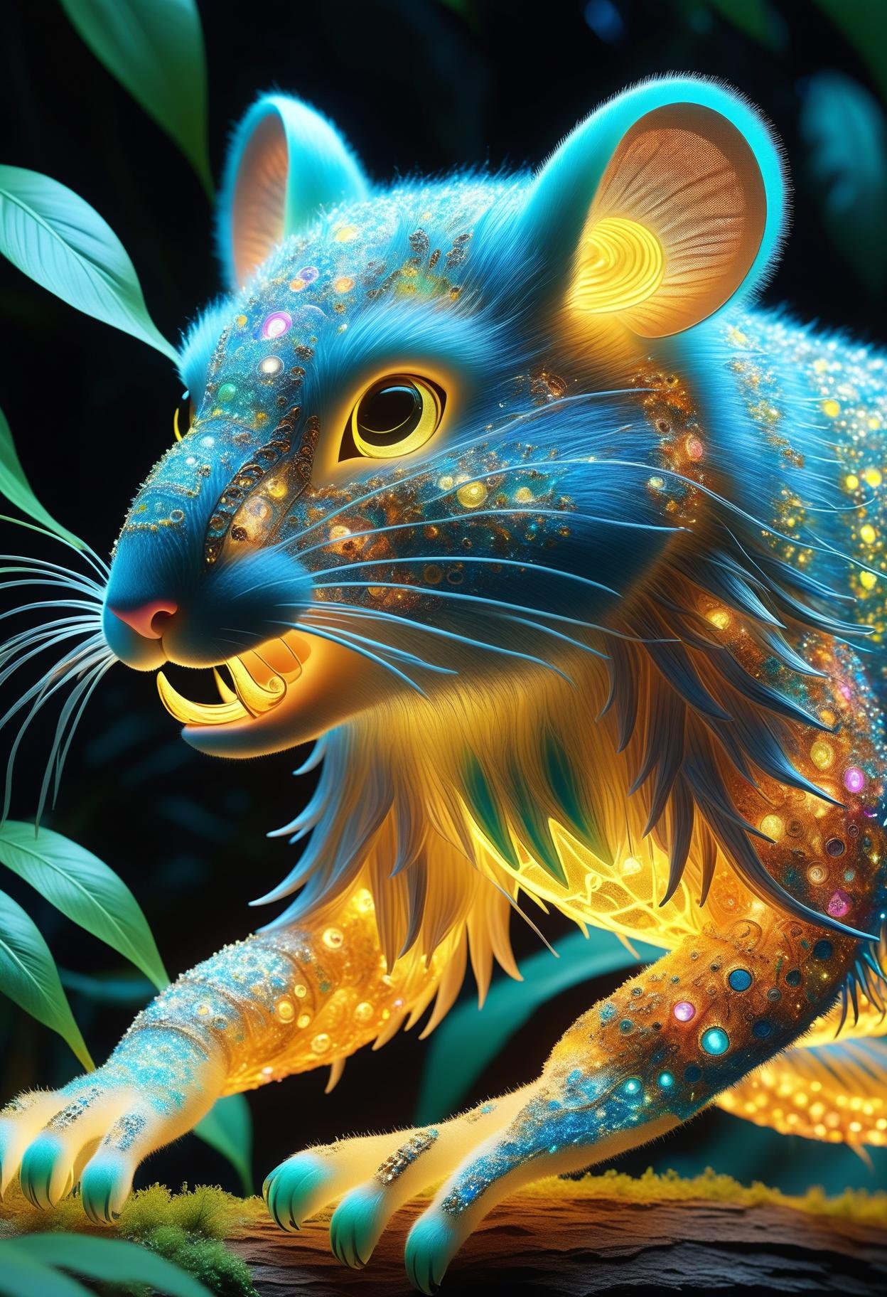 hyper detailed masterpiece,realistic,DonM1un4rN3wY34rXL  big otherworldly bioluminescent biomimetic rodent organism, quadrupedal multipedal, furry appendages,  curved-tailed, bark-like skin,      #   # mandible claws,   in  seaside    in tropical seasonal forest biome,ornamented  <lora:myLora\DonM1un4rN3wY34rXL-000006:.8>,