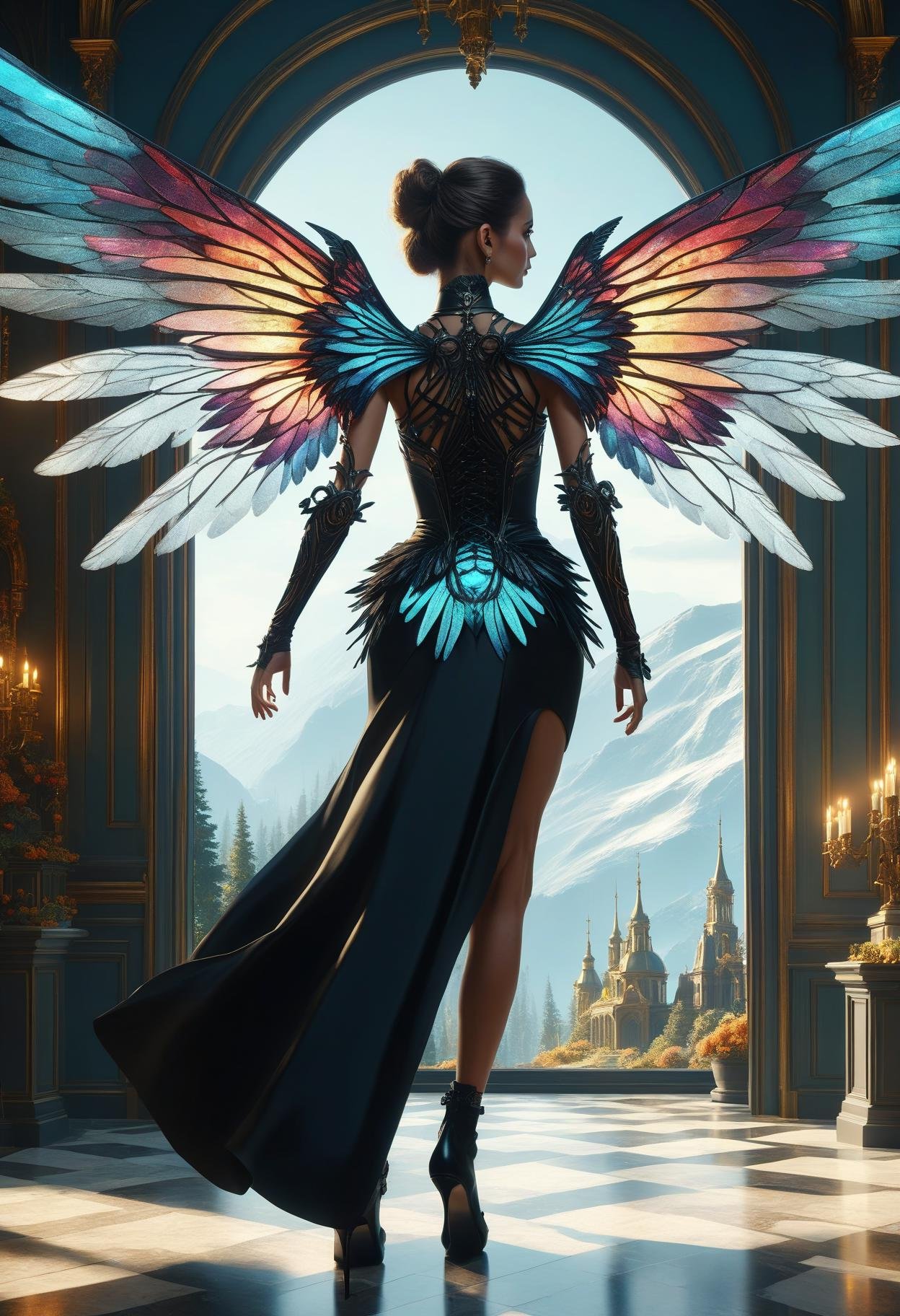 awesome quality, dynamic,DonMDr4g0nXL woman from behind,wings attached to back,skirt, (draconid:0.25) gamboge radiant necrotic, town mansion in mountain biome  <lora:myLora\DonMDr4g0nXL-v2rb:1>,