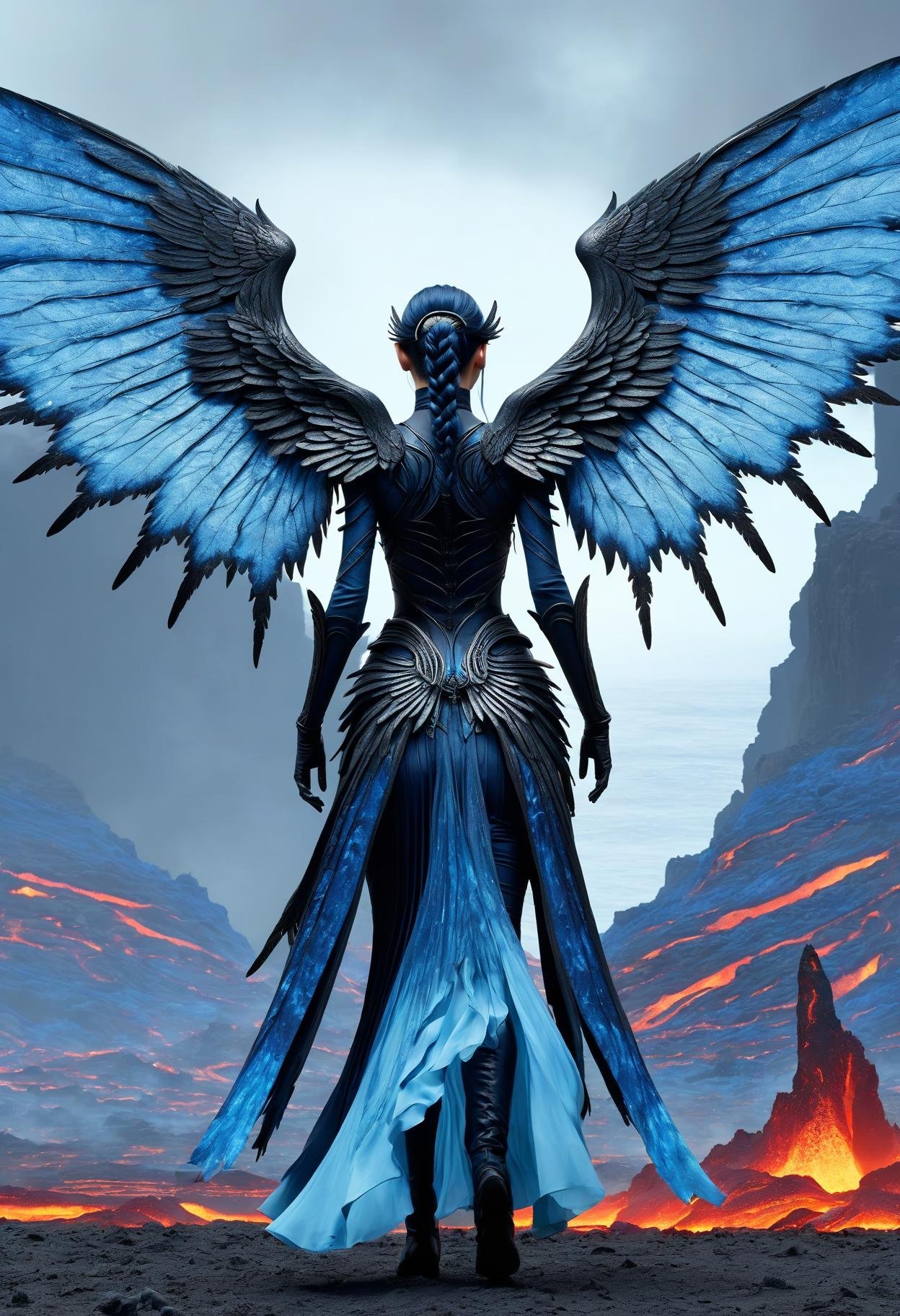 awesome quality, dynamic,DonMDr4g0nXL woman from behind,wings attached to back,skirt, (draconid:0.25) blue lava necrotic, winterfell    in mediterranean biome  <lora:myLora\DonMDr4g0nXL-v2rb:1>,
