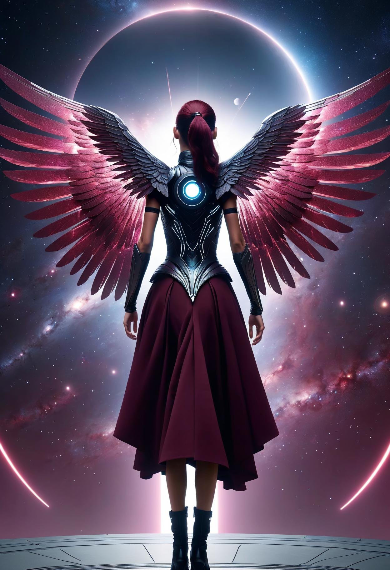 awesome quality, dynamic,DonMDr4g0nXL woman from behind,wings attached to back,skirt, (draconid:0.25) burgundy eclipse chaos, adapt intergalactic teleportation   <lora:myLora\DonMDr4g0nXL-v2rb:1>,