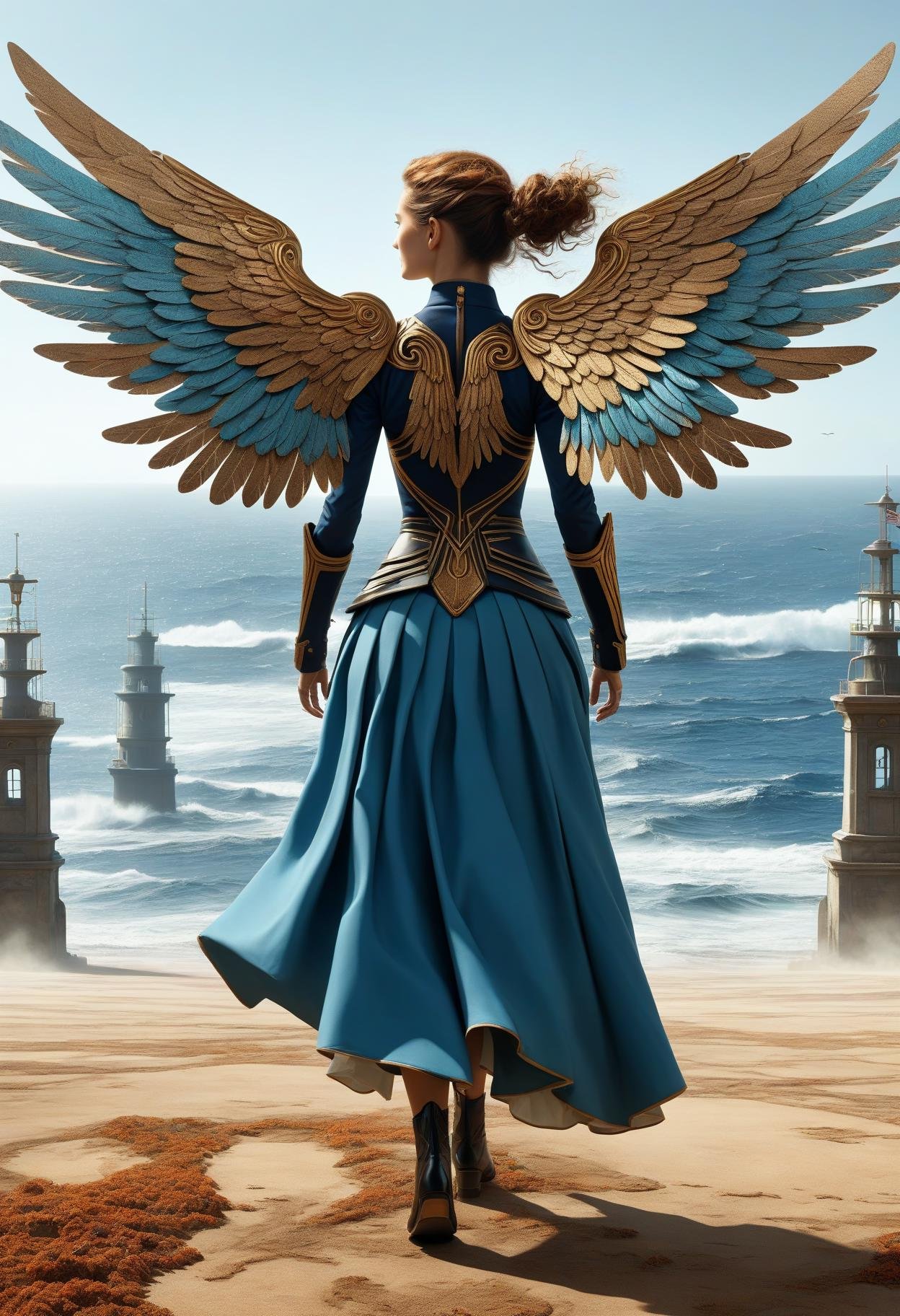 awesome quality, dynamic,DonMDr4g0nXL woman from behind,wings attached to back,skirt, (draconid:0.25) earthy ground air, ocean, captain's quarters  <lora:myLora\DonMDr4g0nXL-v2rb:1>,