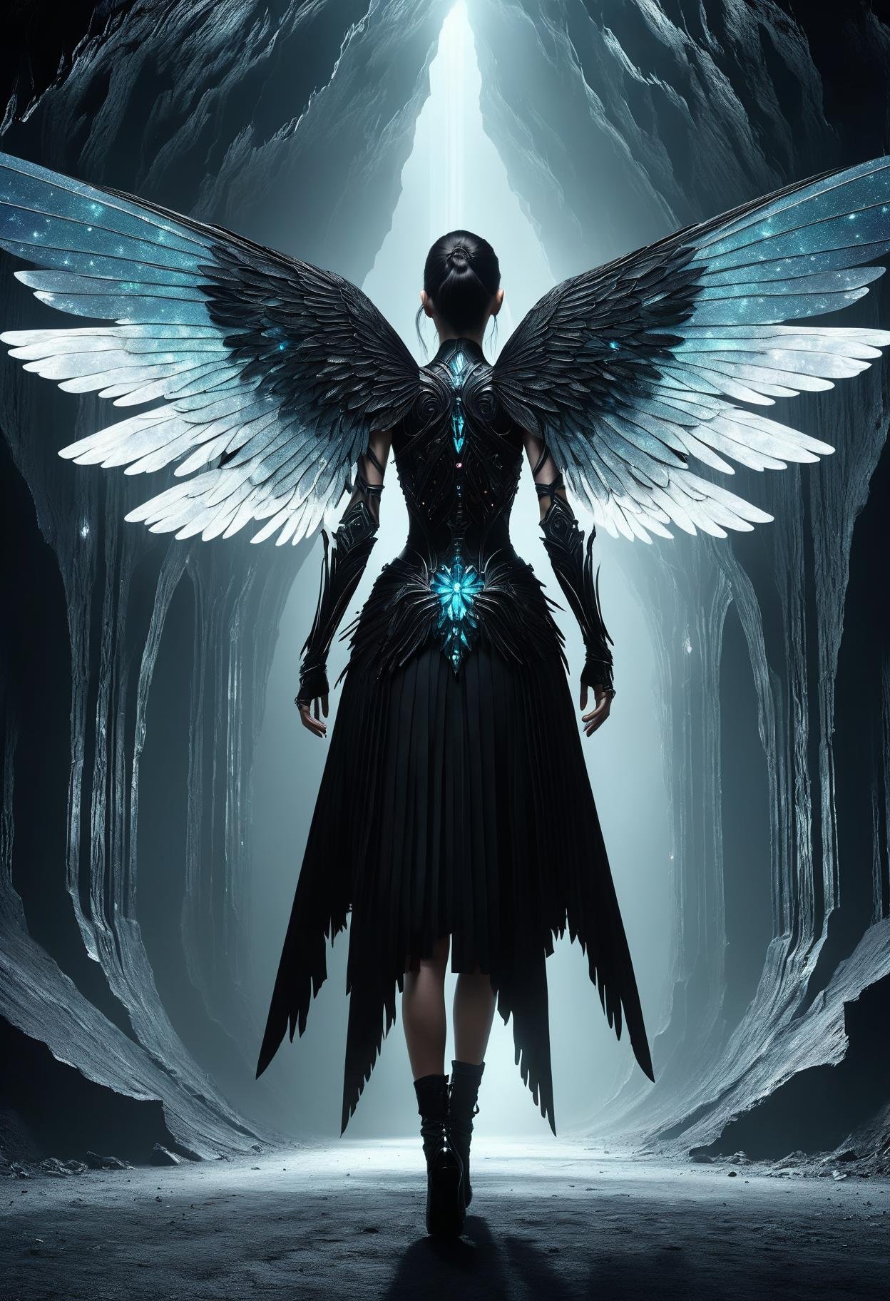 awesome quality, dynamic,DonMDr4g0nXL woman from behind,wings attached to back,skirt, (draconid:0.25) mars black nocturnal necrotic, crystal caves, elevator  <lora:myLora\DonMDr4g0nXL-v2rb:1>,