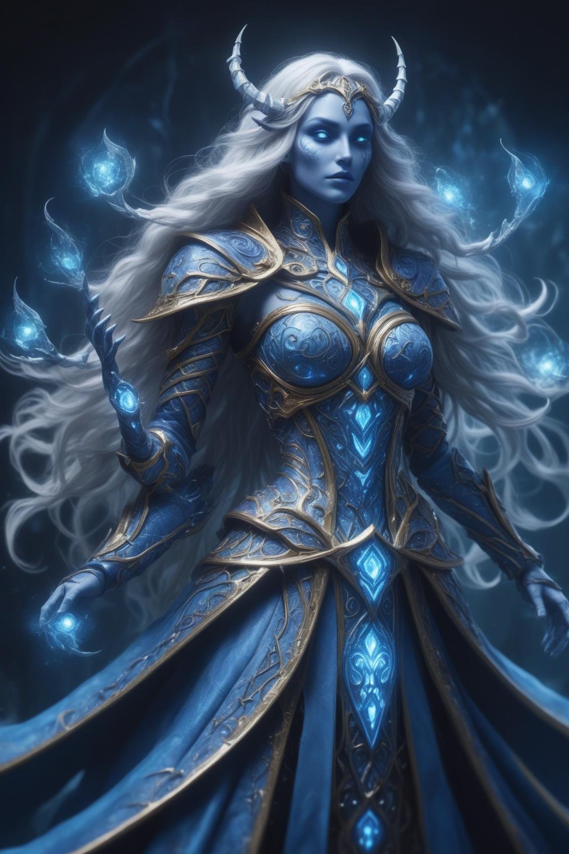 awesome quality, dynamic,upper body,female death knight  Practicing conjuration shaped like Lattice of periwinkle nautical poison and light manipulation  <lora:ClearHand-V2><lora:DonMM1xXL-v1.1:.6>,