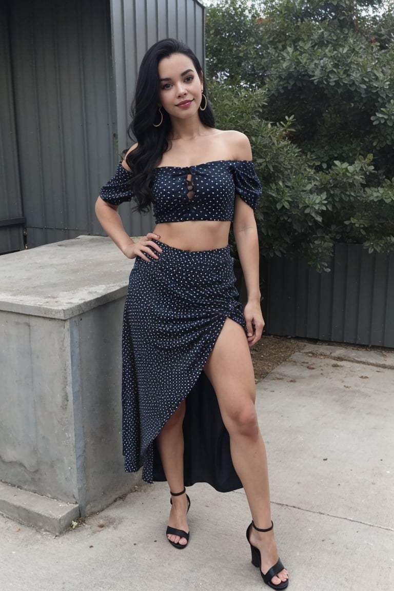 1girl, solo, long hair, skirt, black hair, navel, jewelry, standing, full body, earrings, outdoors, midriff, off shoulder, crop top, sandals, polka dot, long skirt, realistic, off-shoulder shirt