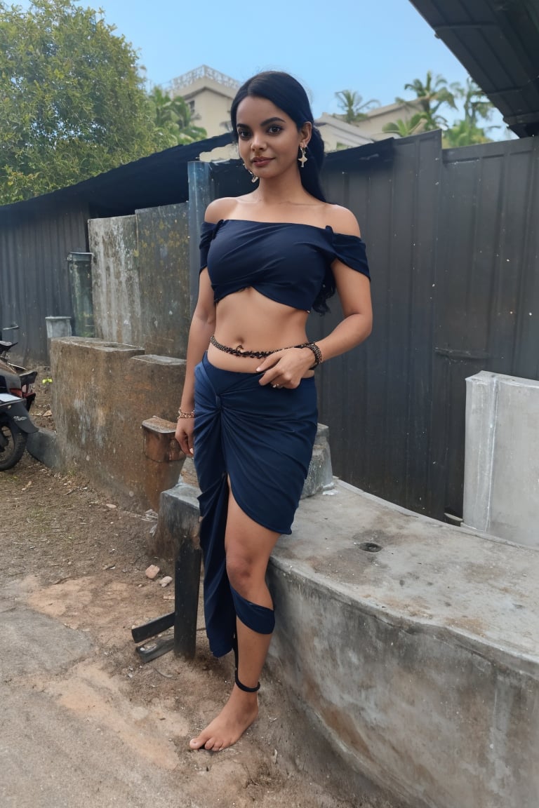 1girl, mallu, Kerala, solo, (((twin tail ong hair()(, skirt, black hair, navel, jewelry, standing, full body, earrings, outdoors, midriff, off shoulder, crop top, mini skirt, realistic, off-shoulder shirt