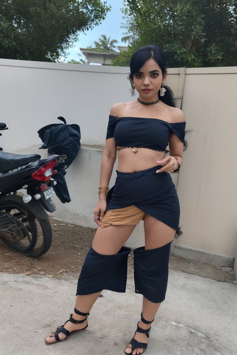 1girl, mallu, Kerala, solo, (((twin tail ong hair()(, skirt, black hair, navel, jewelry, standing, full body, earrings, outdoors, midriff, off shoulder, crop top, mini skirt, realistic, off-shoulder shirt