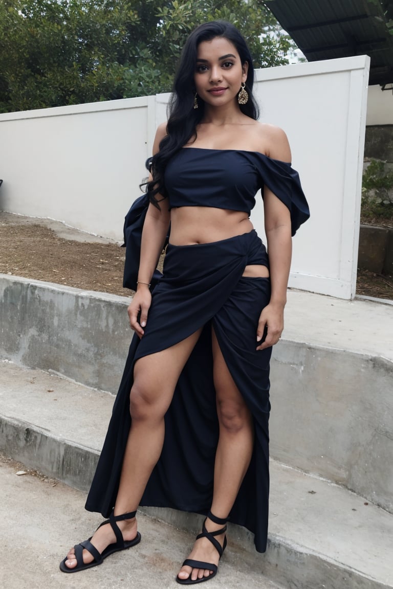 1girl, mallu, solo, long hair, skirt, black hair, navel, jewelry, standing, full body, earrings, outdoors, midriff, off shoulder, crop top, sandals, , long skirt, realistic, off-shoulder shirt