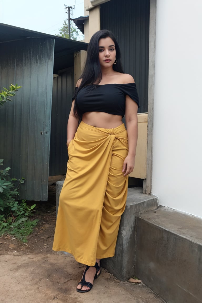 ((((Cinematic colour grading, shot on Fujifilm)))), 18 years old, Red and teel colour grading, , plump, Cleavage, busty, 1girl, yellow colour dress, mallu, solo, long hair, skirt, black hair, navel, jewelry, standing, full body, earrings, outdoors, midriff, off shoulder, crop top, sandals, , long skirt, realistic, off-shoulder shirt,Thrissur