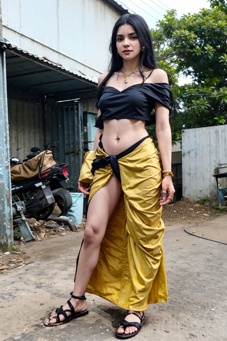 1girl, yellow colour dress, mallu, solo, long hair, skirt, black hair, navel, jewelry, standing, full body, earrings, outdoors, midriff, off shoulder, crop top, sandals, , long skirt, realistic, off-shoulder shirt,Thrissur