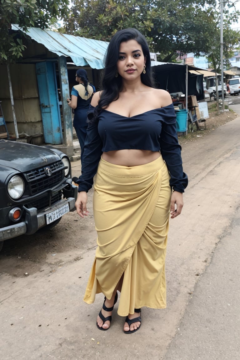 Cinematic colour grading, shot on Fujifilm, 40 years old, plump, Cleavage, busty, 1girl, yellow colour dress, mallu, solo, long hair, skirt, black hair, navel, jewelry, standing, full body, earrings, outdoors, midriff, off shoulder, crop top, sandals, , long skirt, realistic, off-shoulder shirt,Thrissur