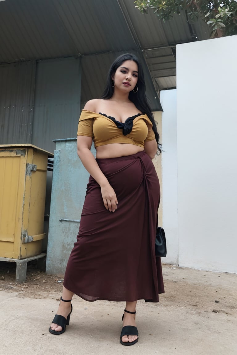 ((((Cinematic colour grading, shot on Fujifilm)))), 30 years old, Red and teel colour grading, , plump, Cleavage, busty, 1girl, yellow colour dress, mallu, solo, long hair, skirt, black hair, navel, jewelry, standing, full body, earrings, outdoors, midriff, off shoulder, crop top, sandals, , long skirt, realistic, off-shoulder shirt,Thrissur