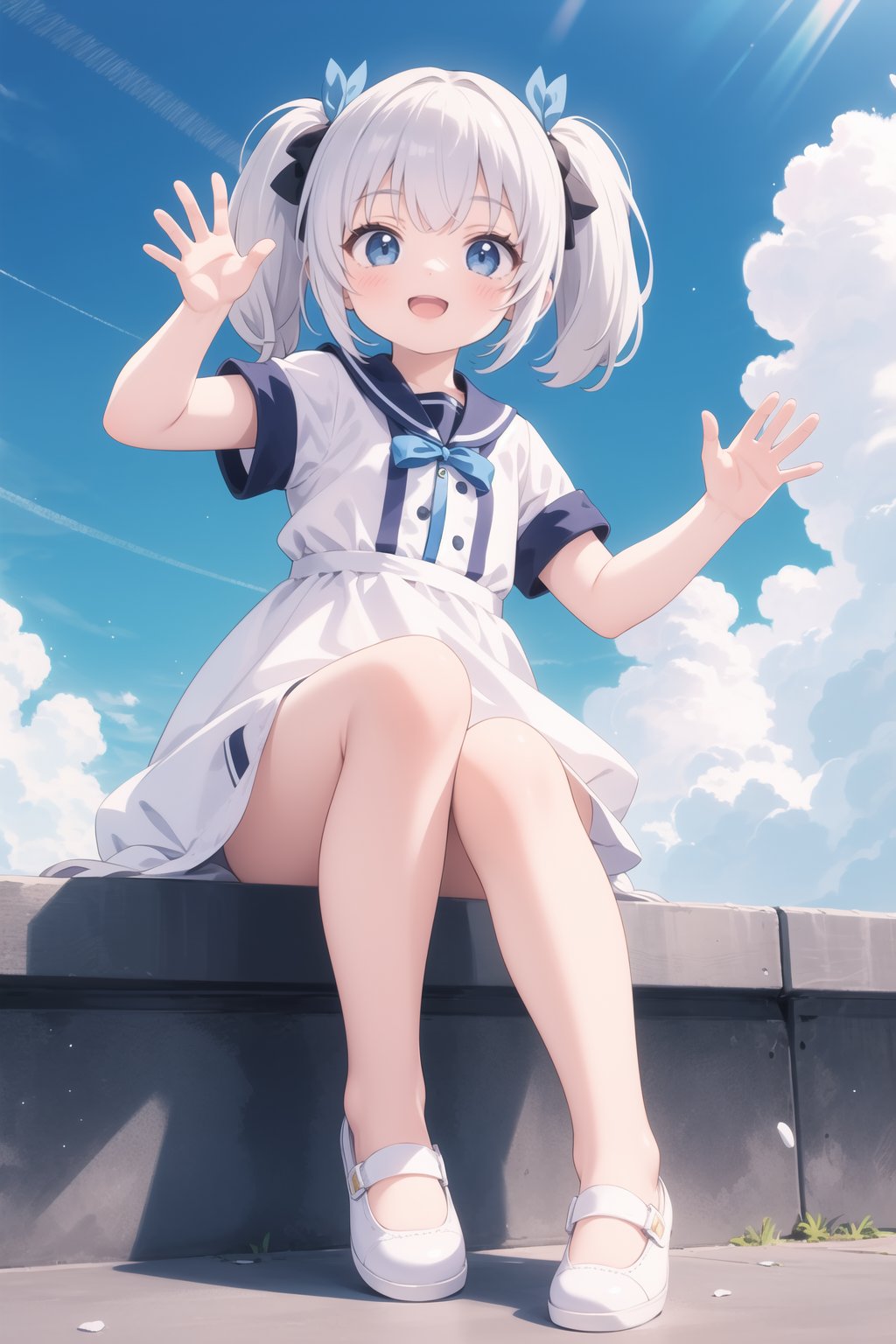 masterpiece, best quality, 1girl, looking at viewer, happy, blue sky, waving hand, twintails, white footwear