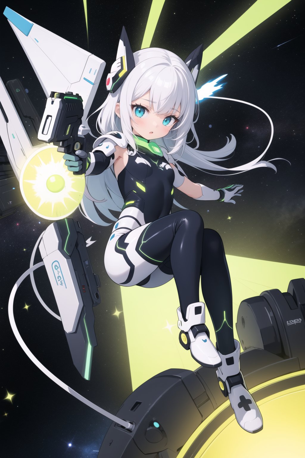 masterpiece, best quality, 1girl, levitation, half mecha bodysuit, cable, green aura, (glowing effect), colorful, dynamic pose, holding space gun