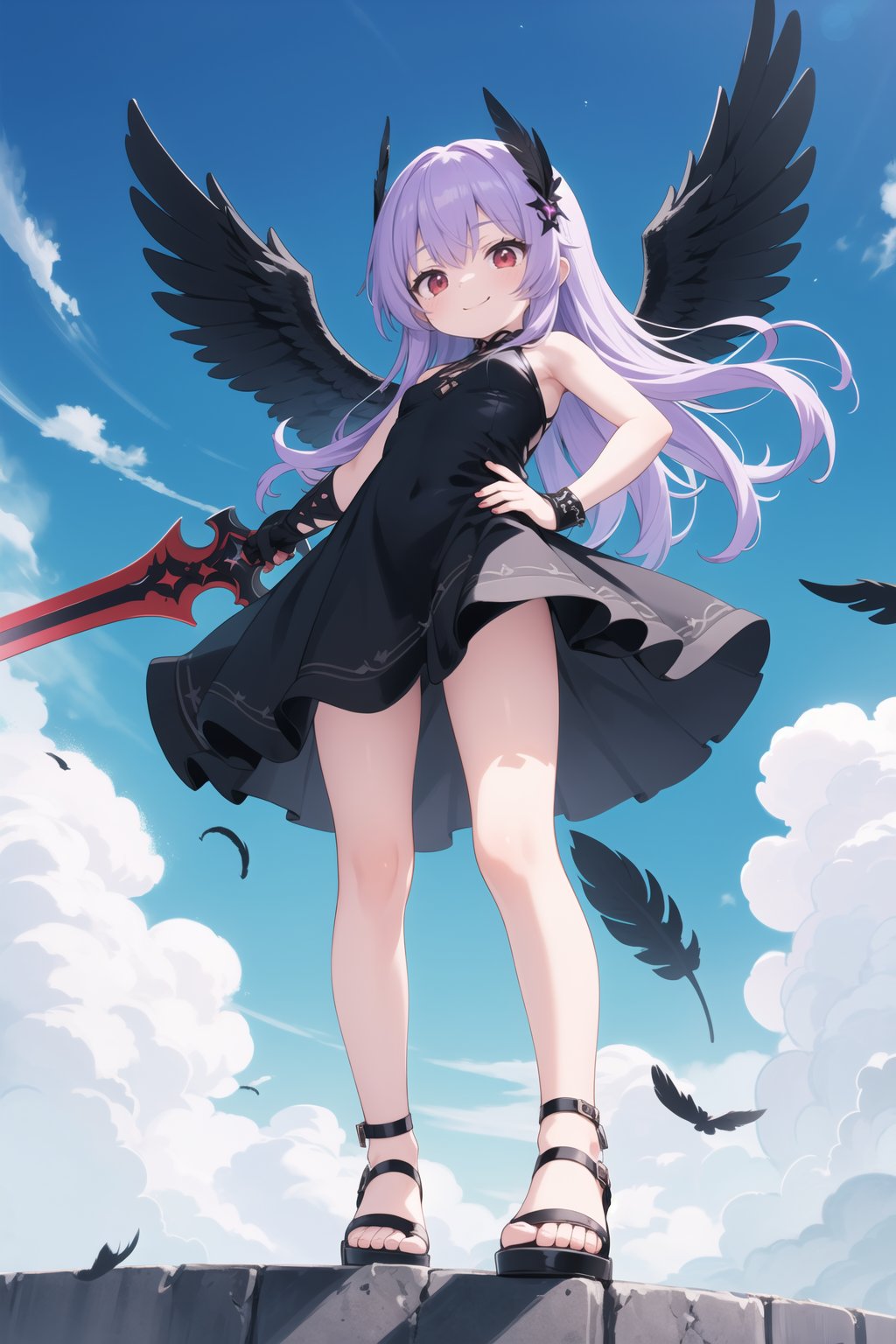 masterpiece, best quality, 1girl, red eyes, purple hair, black dress, looking down, cute evil smile, black feathers wings, black sandals, hand on hip, blue sky , from bottom camera, dynamic pose, flying, dark clouds, pointing black swords