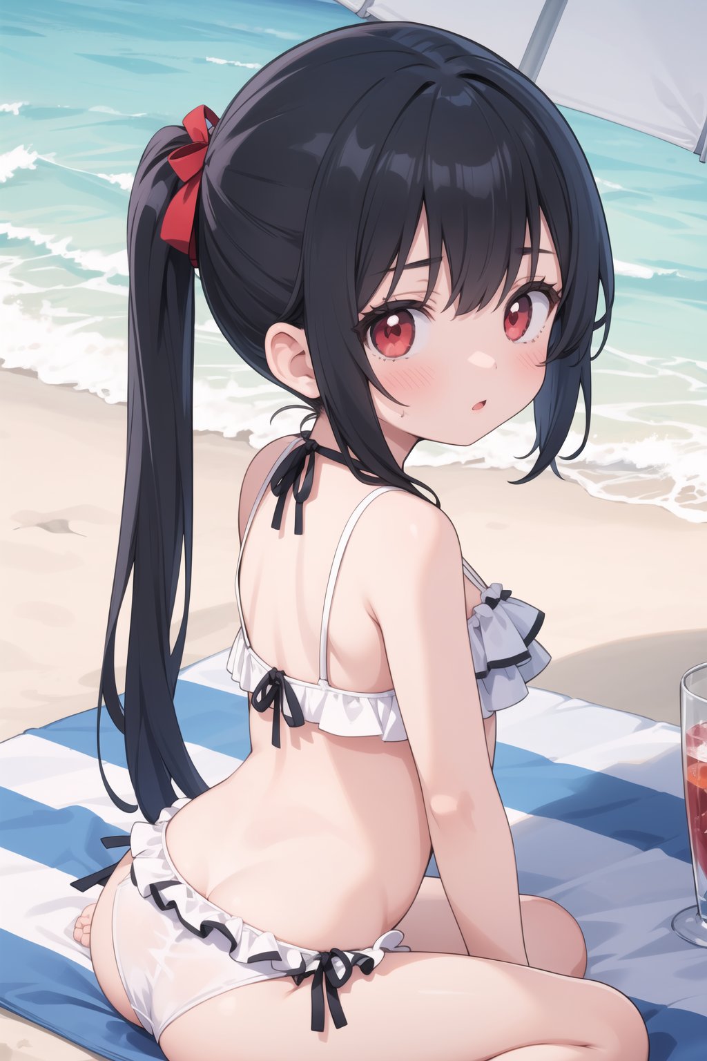 masterpiece, best quality, 1girl, red eyes, black hair, swimsuit, from behind, looking at viewer, summer beach