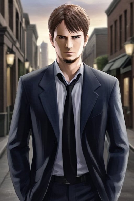 Kyle Hyde, man, detective, solo, male focus, realistic image, from front, walking towards viewer, in a city street, formal attire,kyle_hyde