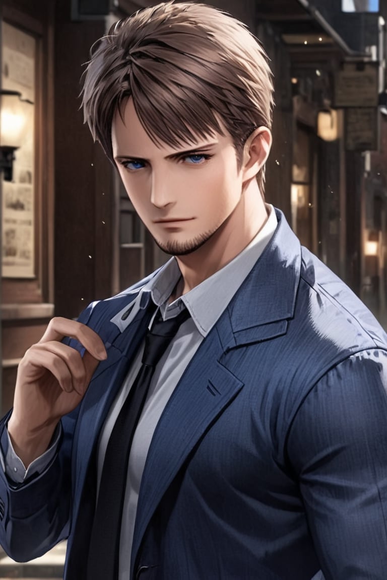 Extreme detailed,Realistic,solo, official art, extremely detailed, Extreme Realistic, man, handsome detective, manly, detailed eyes, detailed fine nose, detailed fingers,sleek body, wearing a blue jacket and collared shirt, high quality, Extremely Realistic,kyle_hyde