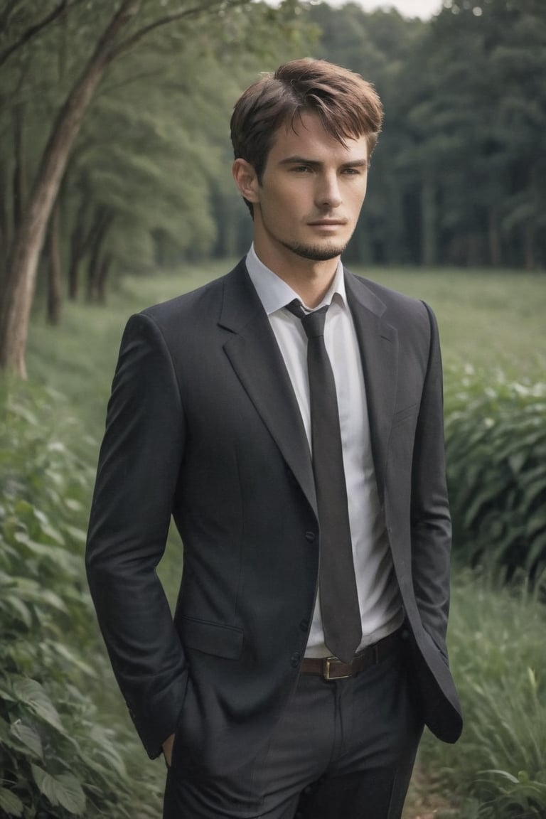 handsome man enjoying nature in village,masculine, mysterious, charming,wearing formal attire ,inst4 style,aesthetic portrait,kyle_hyde