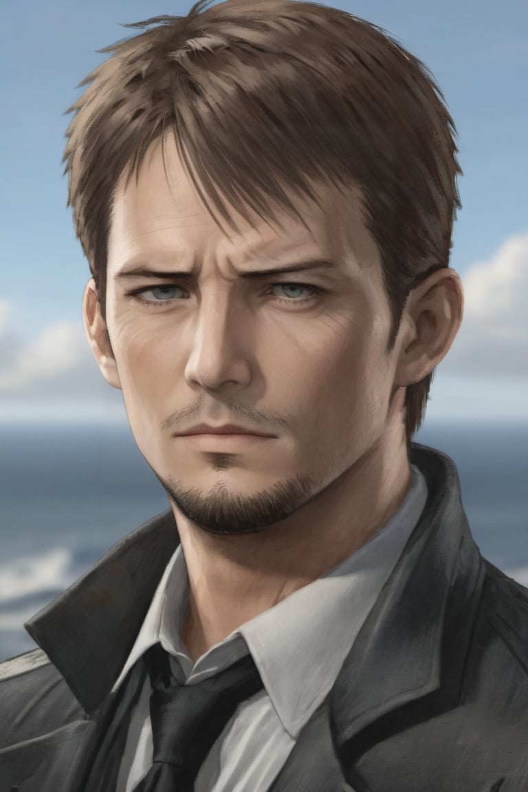 Kyle Hyde, mature adult male detective, solo, looking at horizon, realistic, 8k, handsome, male focus, masculine, piercing, portrait,full body, eye focus,raidenshogundef,High detailed,kyle_hyde