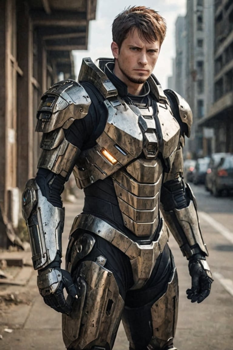 Kyle Hyde, (masterpiece, best quality, ultra-detailed, best shadow), cinematic film still, photo of a man wearing a high tech scifi armor, mecha armor, male focus, armor, solo, cape, looking at viewer, blurry background, power armor, knee protection, standing, brown hair, science fiction  ,kyle_hyde