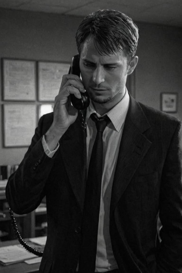 Kyle Hyde, detective, (masterpiece, best quality, ultra-detailed, best shadow), cinematic film still, from side, photo of a man in formal attire, holding and talking on phone, in an office, male focus, solo, noir movie,kyle_hyde