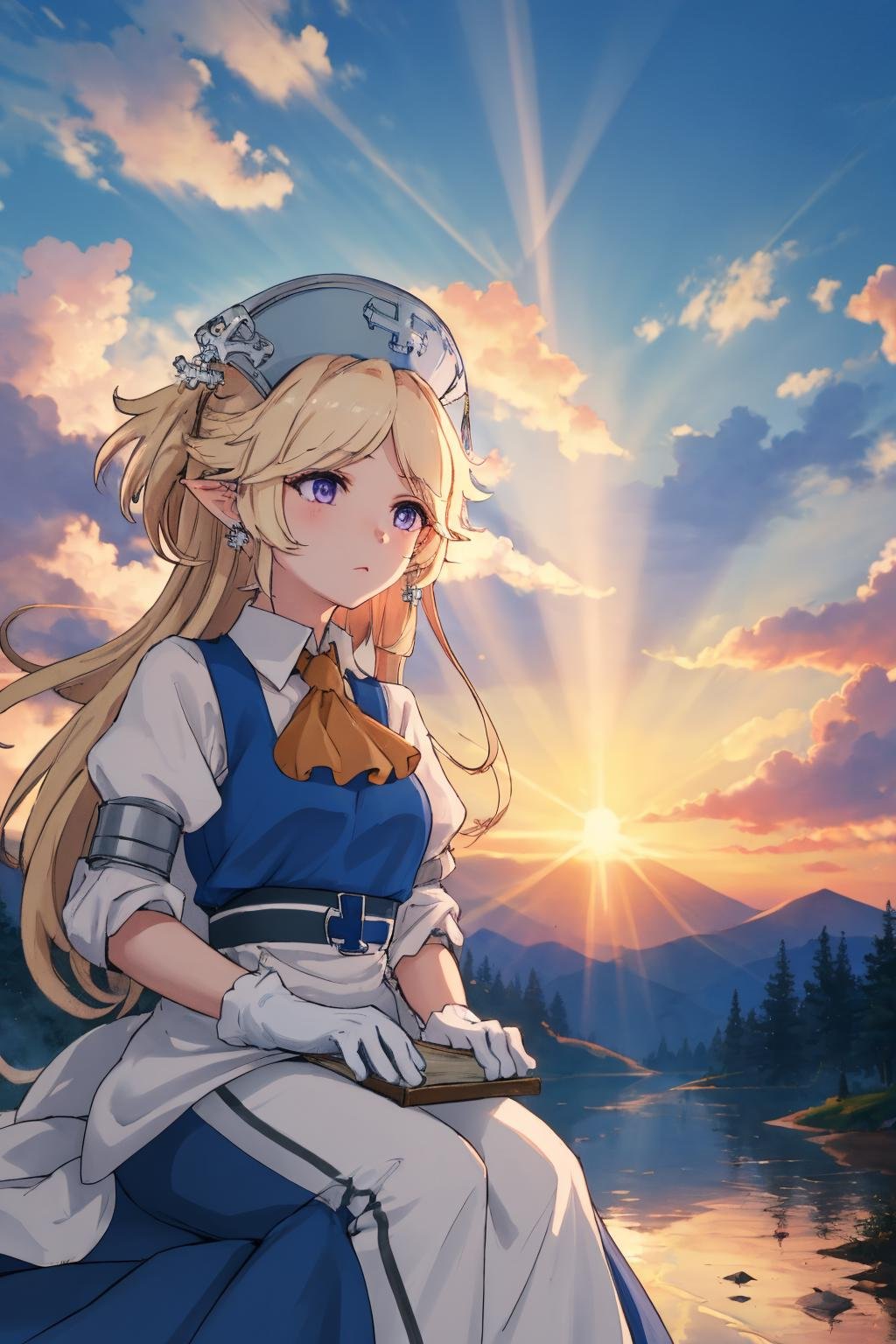 masterpiece, best quality, 1girl, <lora:sppriconneYukari:1> yukaridef, hat, cross earrings, blue dress, orange ascot, white shirt, white gloves, blue sky, cloud, light rays, moon, outdoors, scenery, sky, sunset