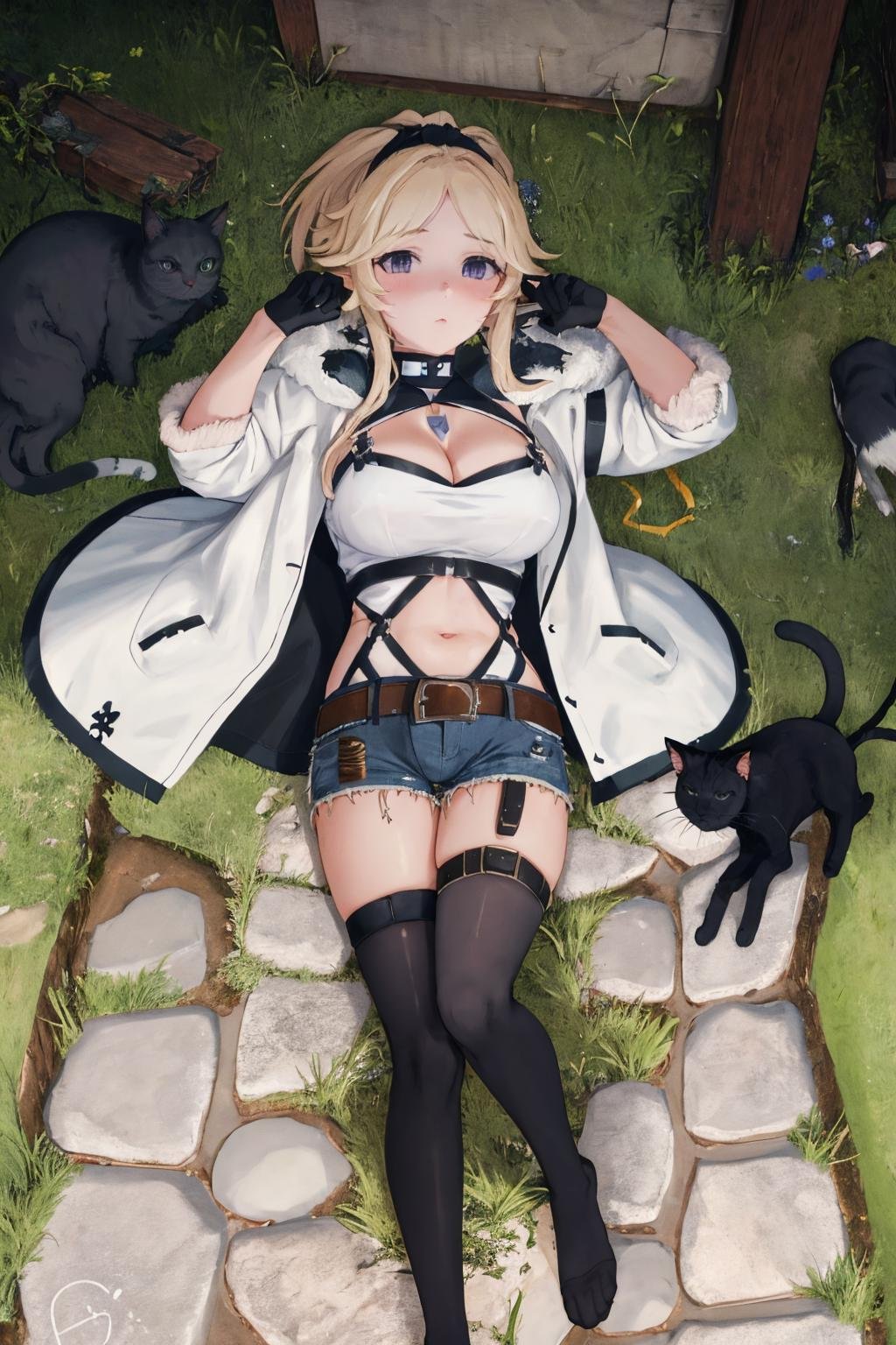 masterpiece, best quality, 1girl, <lora:sppriconneYukari:1> yukariadv, cleavage, fur trim, white jacket, white top, navel, black gloves, denim shorts, short shorts, belt, black thighhighs, single thighhigh, thigh strap, black cat, box, cat, full body, grey cat, signature