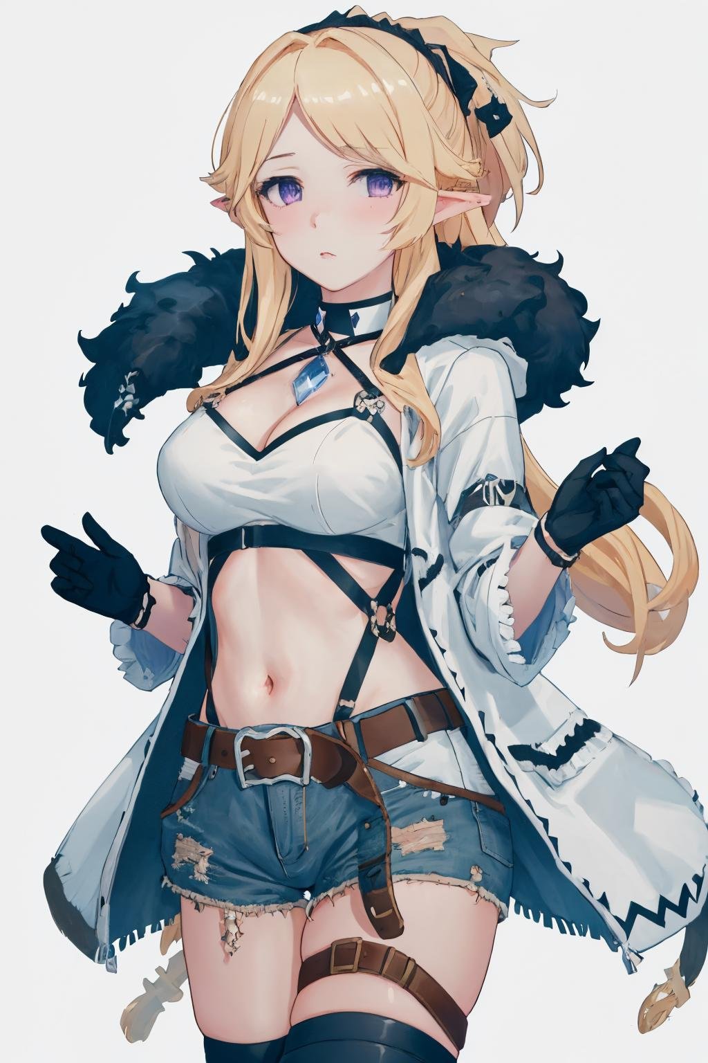 masterpiece, best quality, 1girl, <lora:sppriconneYukari:1> yukariadv, cleavage, fur trim, white jacket, white top, navel, black gloves, denim shorts, short shorts, belt, black thighhighs, single thighhigh, thigh strap, artist name, english text, simple background, white background