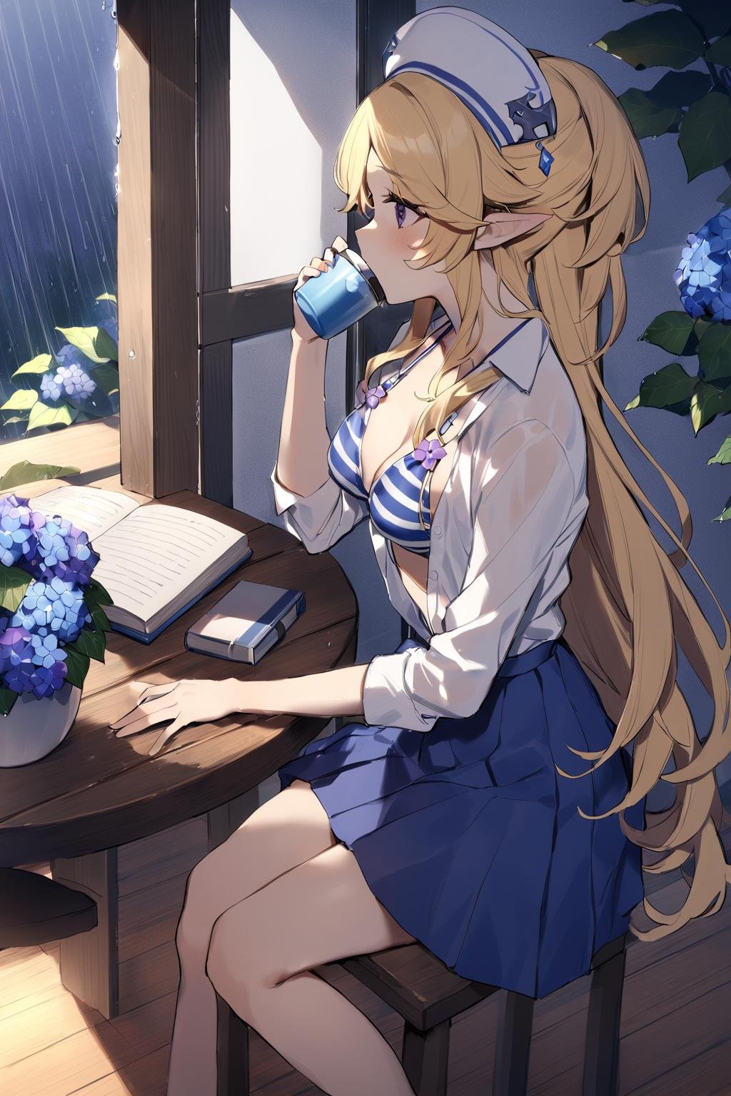 masterpiece, best quality, 1girl, <lora:sppriconneYukariXL-10:1> yukarisu, white headwear, swimsuit, striped bikini, shirt, open clothes, skirt, blue flower, book, flower, hydrangea, purple flower, rain, table, water drop, window, window shade, windowsill, wooden floor, drinking, hand on own hip, looking to the side, solo