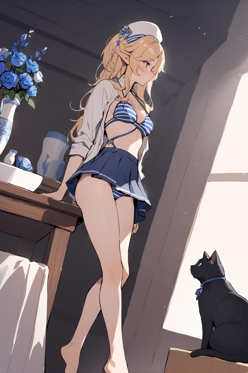 masterpiece, best quality, 1girl, <lora:sppriconneYukariXL-10:1> yukarisu, white headwear, swimsuit, striped bikini, shirt, open clothes, skirt, black cat, blue flower, blue rose, cat, feet out of frame, flower, indoors, rose, vase, closed mouth, profile, solo, standing