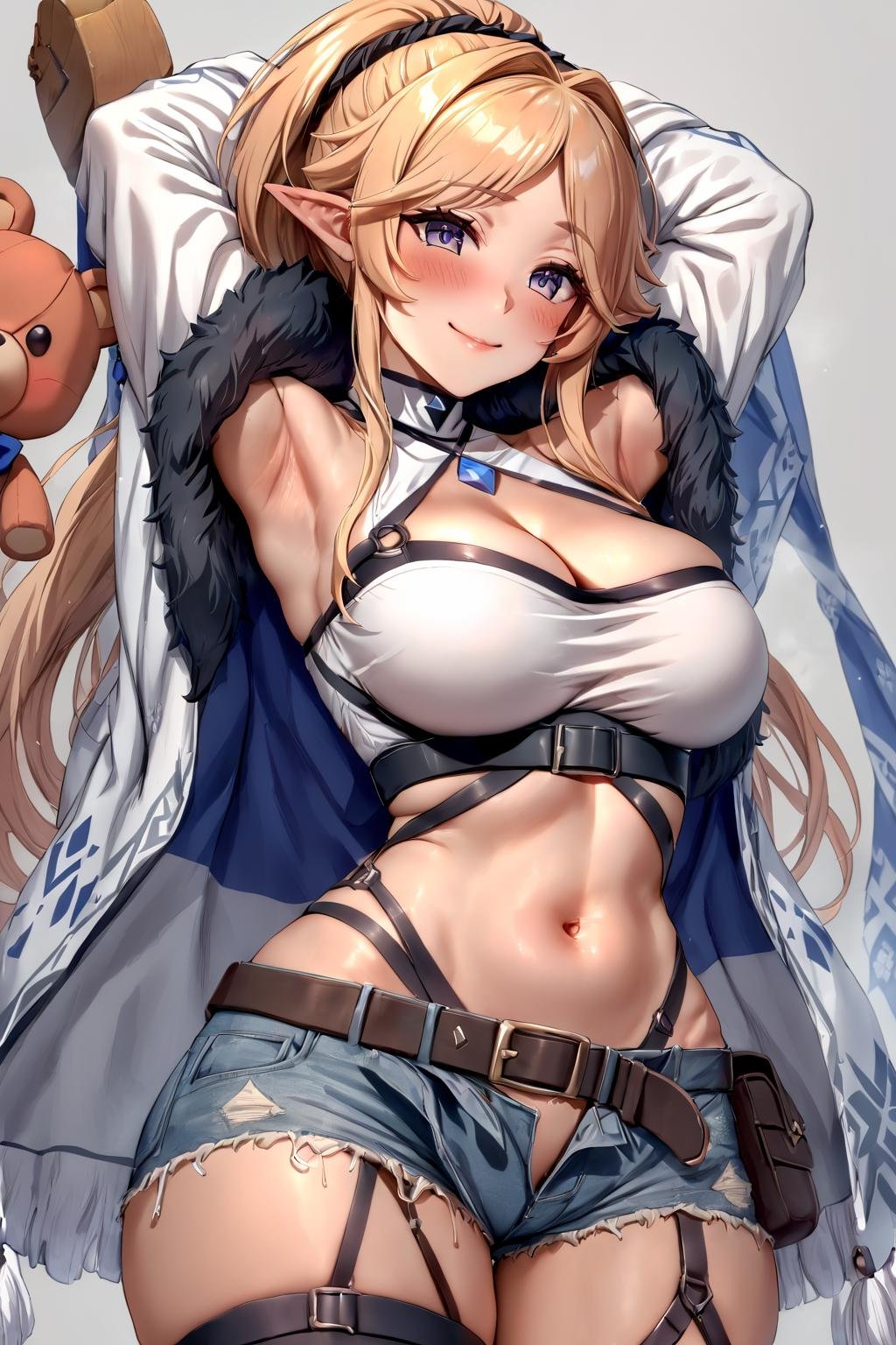 masterpiece, best quality, 1girl, <lora:sppriconneYukariXL-10:1> yukariadv, cleavage, fur trim, white jacket, white top, navel, black gloves, denim shorts, short shorts, belt, black thighhighs, single thighhigh, thigh strap, simple background, stuffed animal, stuffed toy, teddy bear, twitter username, upper body, white background, arms up, blush, closed mouth, smile, solo