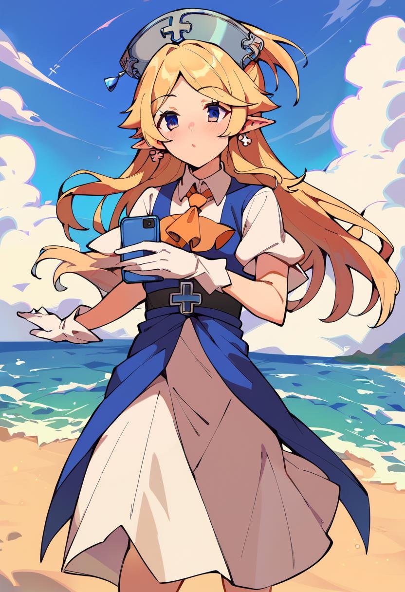 score_9, score_8_up, score_7_up, uncensored, source_anime, 1girl,  <lora:sppriconneYukariponyXL:1> yukaridef, hat, cross earrings, blue dress, orange ascot, white shirt, white gloves, beach, blue sky, cloud, day, film grain, ocean, outdoors, scenery, shore, sky, waves, wide shot, wind, holding, holding phone, solo