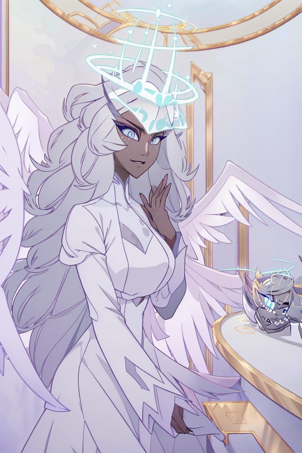 ((masterpiece, best quality, 1girl, solo)), angel, dark skin, grey skin, halo, glowing halo, upper body, face view, dark eyes, dark thick eyelashes, long dress, dress, gradient hair, grey hair, smile, happy, face dots, covered neck, sera, wings, multiple wings, long face, sharp jaw,