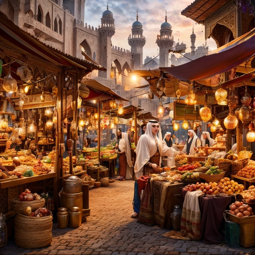 (masterpiece:1.2), (best quality,:1.2), 8k, HDR, ultra detailed, ((photorealistic)), professional light, cinematic lighting, fashion photography, ambient lighting, <lora:detail_slider_v4:2.5>, arto, a busy market place in a medieval arabian fantasy city, <lora:ArabianTown-10:0.8>, epiCPhoto