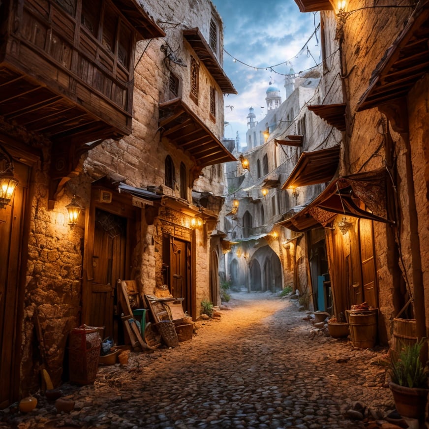 (masterpiece:1.2), (best quality,:1.2), 8k, HDR, ultra detailed, ((photorealistic)), professional light, cinematic lighting, fashion photography, ambient lighting, <lora:detail_slider_v4:2.5>, arto, a narrow and sinister alley in a medieval arabian fantasy city, <lora:ArabianTown-10:0.8>, epiCPhoto