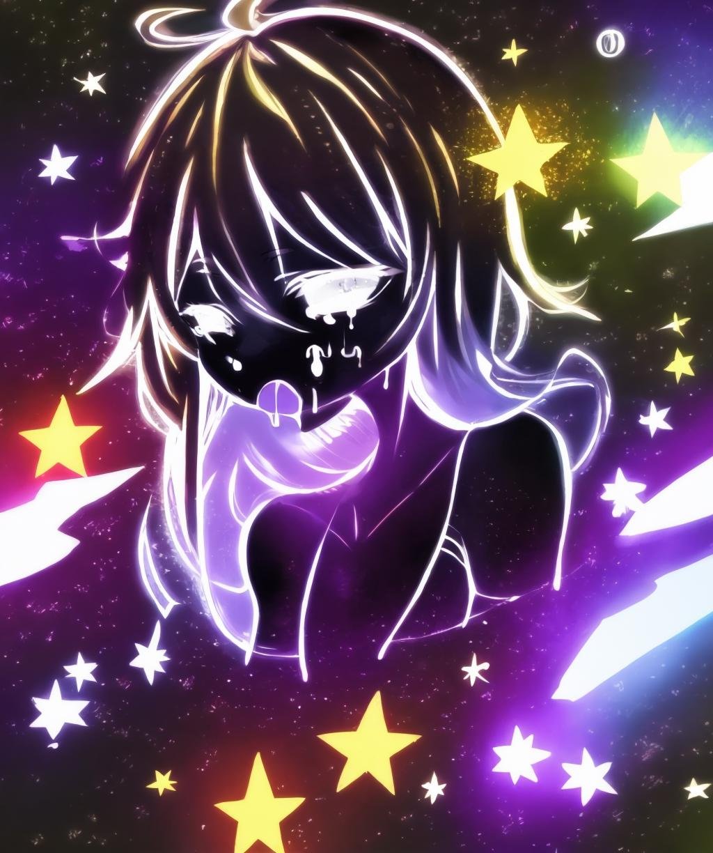 monochrome,glowing,1girl,solo,long hair,open mouth,blonde hair,ahoge,star (symbol),drooling,=_=,colorful,abstract,<lora:color_diff-10:1>,