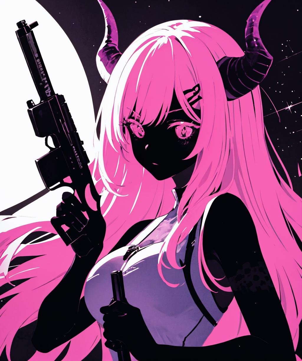 monochrome,glowing,1girl,solo,long hair,holding,weapon,pink hair,horns,holding weapon,gun,sparkle,holding gun,handgun,white eyes,<lora:color_diff-10:1>,