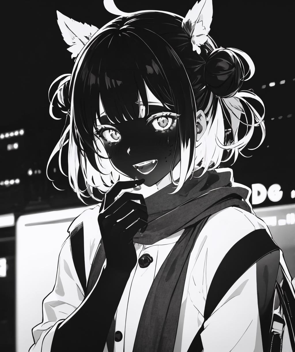 monochrome,glowing,1girl,solo,looking at viewer,smile,short hair,open mouth,simple background,teeth,blunt bangs,hair bun,scarf,double bun,blood,messy hair,bags under eyes,<lora:color_diff-10:1>,