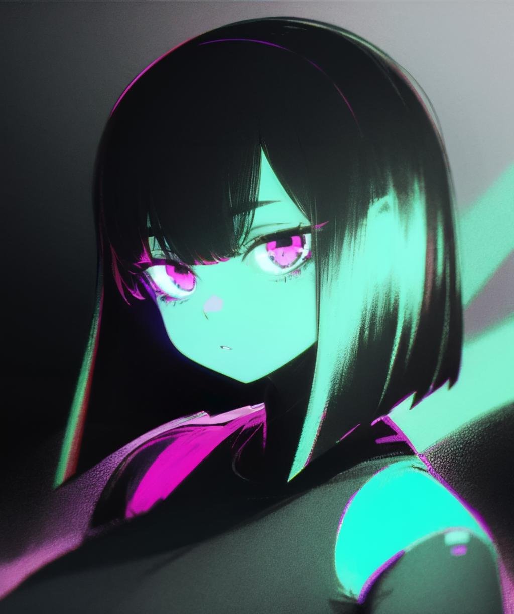 monochrome,glowing,1girl,solo,long hair,looking at viewer,short hair,black hair,black eyes,colored skin,black background,chromatic aberration,glitch,<lora:color_diff-10:1>,