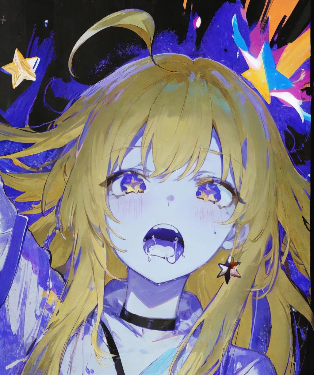 monochrome,glowing,1girl,solo,long hair,open mouth,blonde hair,ahoge,star (symbol),drooling,=_=,colorful,abstract,<lora:color_diff-10:1>,