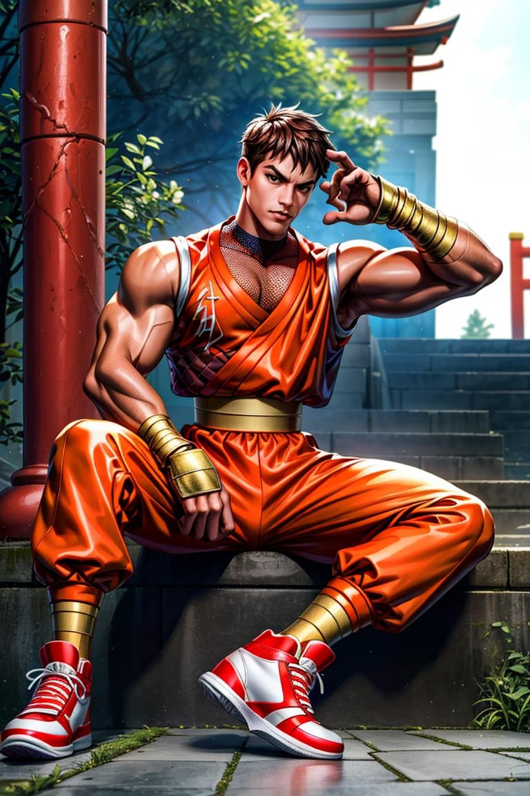 (masterpiece,  best quality:1.2),   ,  (depth of field:1.1),  FFguy,  1guy,  orange dougi,  (fishnet top:1.3),  hand wraps,  belt,  orange pants,  sneakers,  full body,  sitting,  Japanese temple,  masterpiece,  highness,  perfect face,  perfect picture,  sharp focus,<lora:EMS-291488-EMS:1.000000>